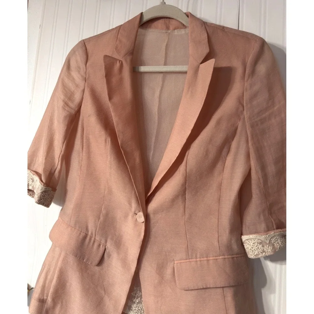 Ochirly Peach Sheer Lace Trim Blazer 3/4 Sleeve Single Button Jacket Small‎